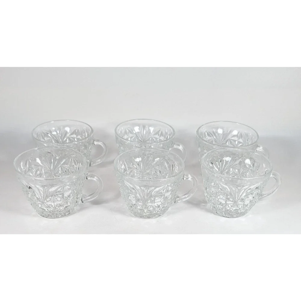 Anchor Hocking Arlington Punch Cups Set of 6 Clear Star Fan Glass Vintage